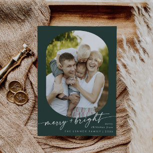 Boho Chic Donkergroene Merry Bright Foto Kerstmis Feestdagenkaart