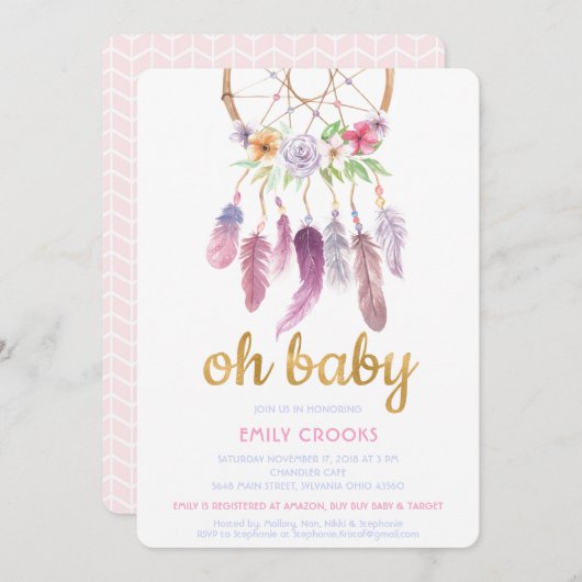 Boho Chic Dream Catcher Baby shower Invite Kaart (Voorkant / Achterkant)