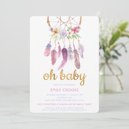 Boho Chic Dream Catcher Baby shower Invite Kaart (Staand voorkant)
