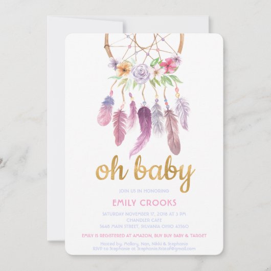 Boho Chic Dream Catcher Baby shower Invite Kaart (Voorkant)