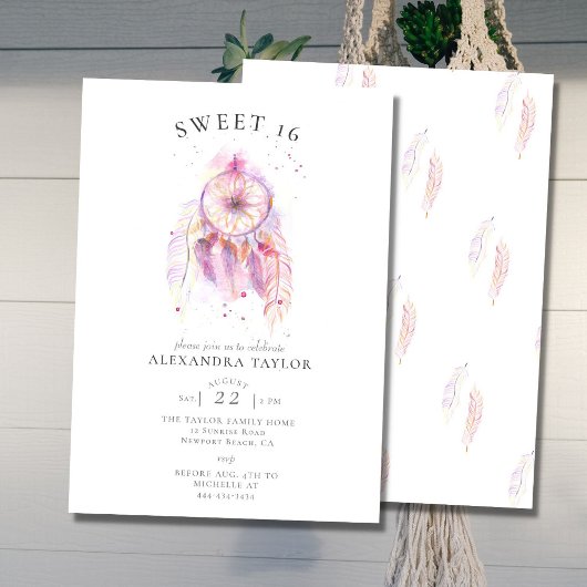 Boho Chic Dream Catcher Roze Waterverf Sweet 16 Kaart