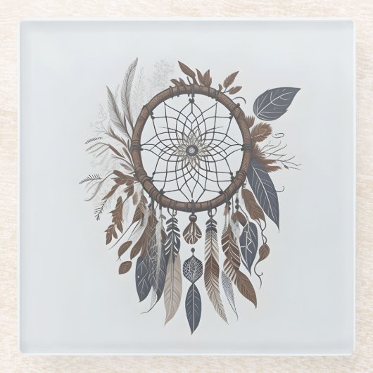 Boho Chic Dreamcatcher Aarde Toned Infuded Charm Glazen Onderzetter (Voorkant)