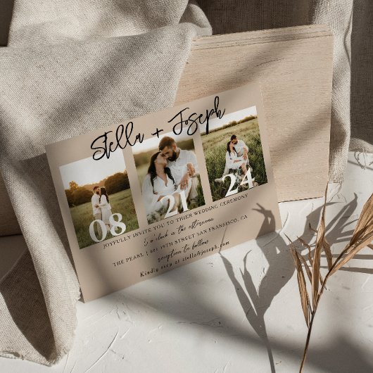 Boho chic drie foto's collage unieke bruiloft kaart