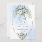 Boho Chic Dusty Blue Floral Gold Sweet 16 Birthday Kaart (Voorkant)