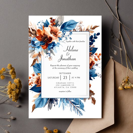 Boho Chic Dusty Blue Terracotta Elegant Wedding Kaart