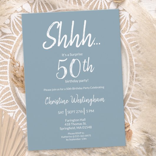 Boho Chic Dusty Blue White Surprise 50th Birthday Kaart