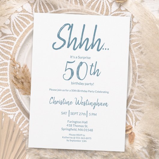 Boho Chic Dusty Blue White Surprise 50th Birthday Kaart