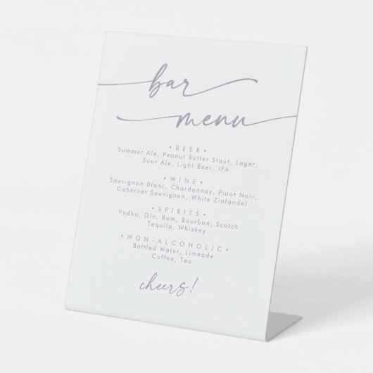 Boho Chic Dusty Paarse Wedding Bar Reclamebord Met Voetstuk (Voorkant)