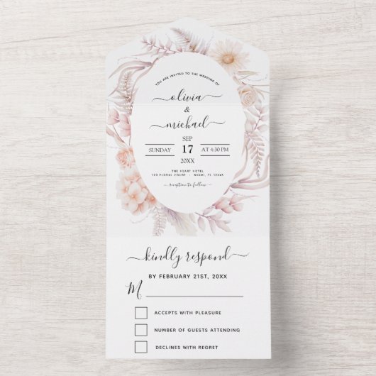 Boho Chic Dusty Pink Desert Wedding All In One Uitnodiging (Binnen)