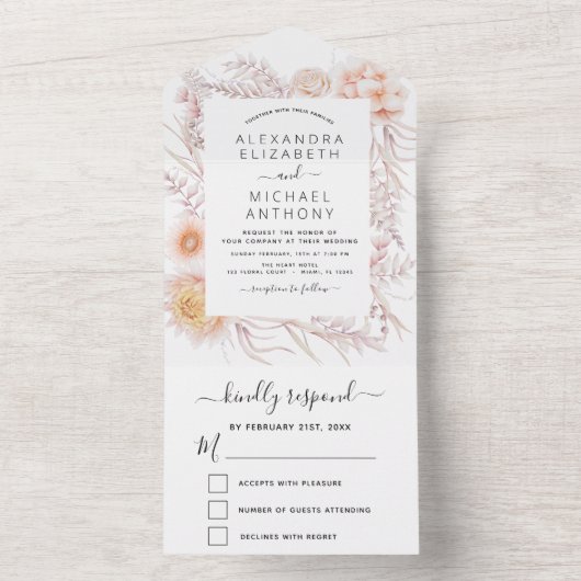 Boho Chic Dusty Pink Desert Wedding All In One Uitnodiging (Binnen)