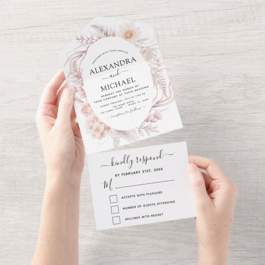 Boho Chic Dusty Pink Desert Wedding RSVP All In One Uitnodiging (Afscheurbaar)