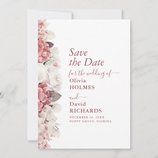 Boho Chic Dusty Roos Hydrangea Bruiloft Save The Date (Voorkant)
