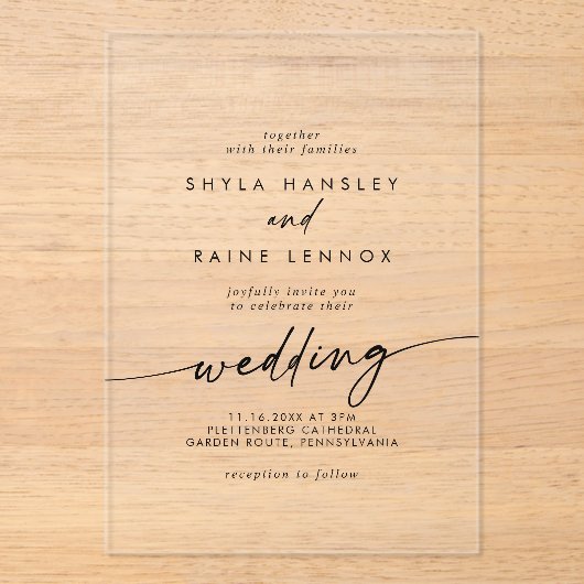 Boho Chic Eenvoudige Rustieke Transparante Acryl B Acryl Uitnodigingen (Voorkant)