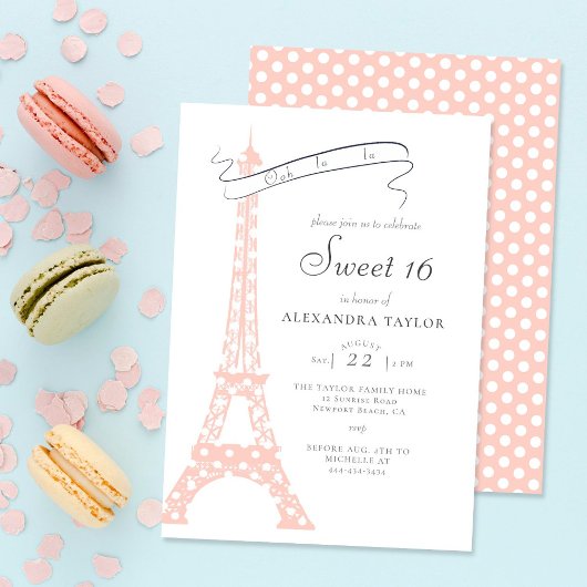 Boho Chic Eiffel Paris Blush Polka Dots Sweet 16 Kaart