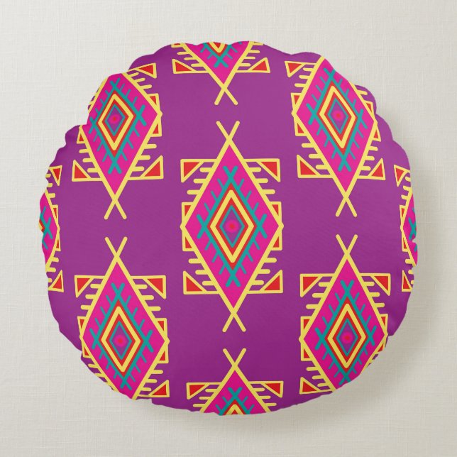 Boho Chic: Etnaadloos Ornament Rond Kussen (Voorkant)
