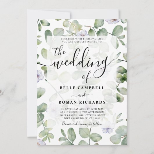 Boho Chic Eucalyptus & Paarse Floral Wedding Kaart (Voorkant)