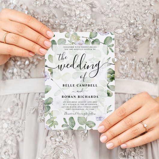 Boho Chic Eucalyptus & Paarse Floral Wedding Kaart