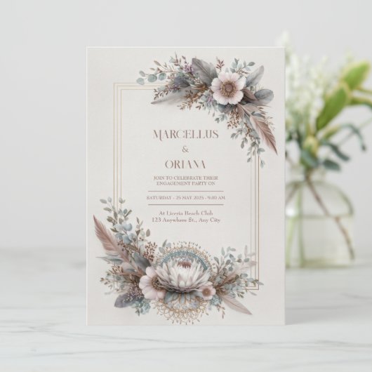 Boho Chic Feather Dusty Rose Gold Frame Wedding Kaart (Staand voorkant)