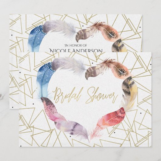 Boho Chic Feather Heart Bridal Shower Invitations Kaart (Voorkant / Achterkant)