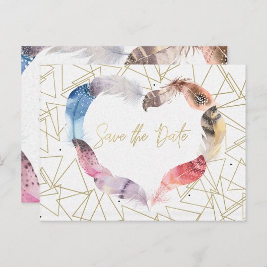 Boho Chic Feather Heart Save the Date Modern Aankondigingskaart (Voorkant / Achterkant)