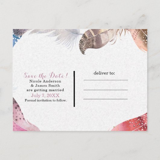 Boho Chic Feather Heart Save the Date Modern Aankondigingskaart (Achterkant)