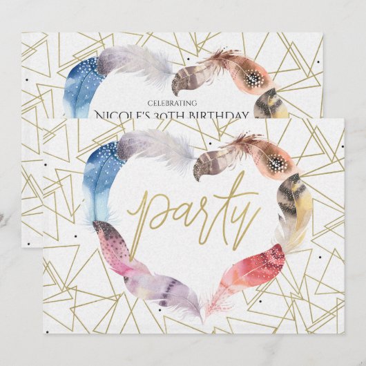 Boho Chic Feather Heart Verjaardagsfeestuitnodigin Kaart (Voorkant / Achterkant)