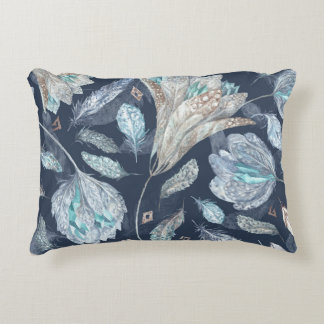 Boho Chic Feathers Flowers: Waterverf Donkerblauw Accent Kussen