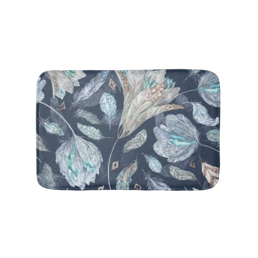 Boho Chic Feathers Flowers: Waterverf Donkerblauw Badmat (Voorkant)