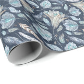 Boho Chic Feathers Flowers: Waterverf Donkerblauw  Cadeaupapier (Rol Hoek)