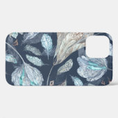 Boho Chic Feathers Flowers: Waterverf Donkerblauw  Case-Mate iPhone Case (Achterkant (horizontaal))