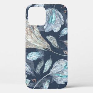 Boho Chic Feathers Flowers: Waterverf Donkerblauw Case-Mate iPhone Case