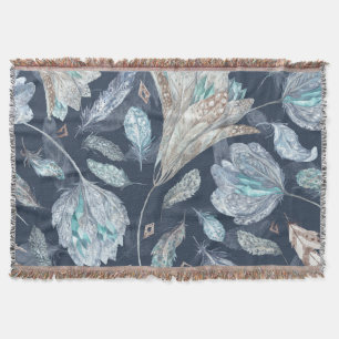 Boho Chic Feathers Flowers: Waterverf Donkerblauw Deken