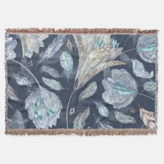 Boho Chic Feathers Flowers: Waterverf Donkerblauw Deken