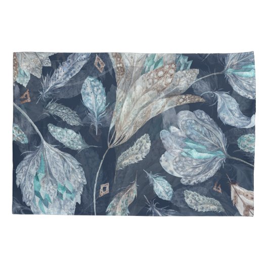 Boho Chic Feathers Flowers: Waterverf Donkerblauw Kussensloop (Achterkant)