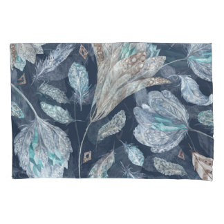 Boho Chic Feathers Flowers: Waterverf Donkerblauw  Kussensloop
