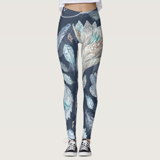 Boho Chic Feathers Flowers: Waterverf Donkerblauw  Leggings (Voorkant)