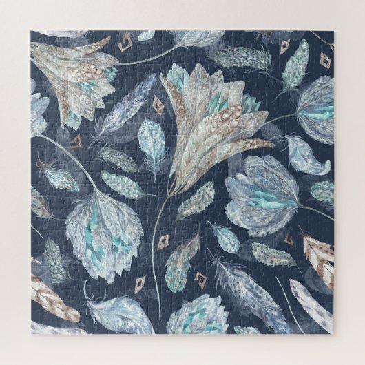 Boho Chic Feathers Flowers: Waterverf Donkerblauw Legpuzzel (Verticaal)