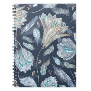Boho Chic Feathers Flowers: Waterverf Donkerblauw Notitieboek