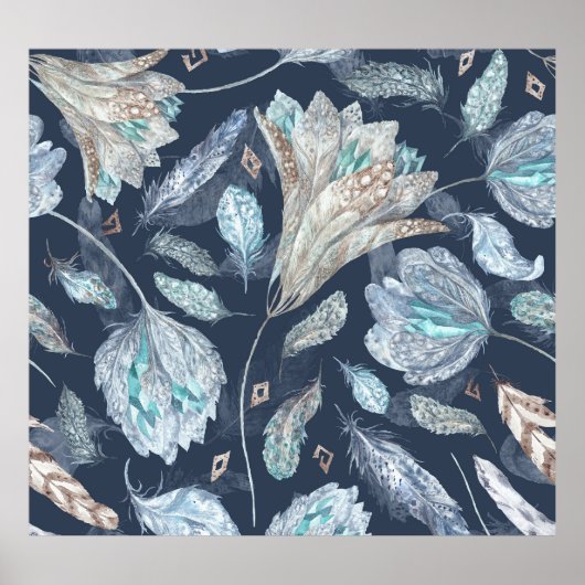 Boho Chic Feathers Flowers: Waterverf Donkerblauw Poster (Voorkant)