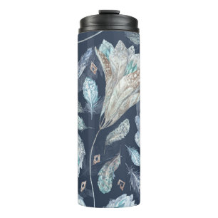Boho Chic Feathers Flowers: Waterverf Donkerblauw Thermosbeker