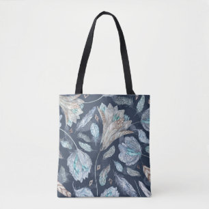 Boho Chic Feathers Flowers: Waterverf Donkerblauw Tote Bag