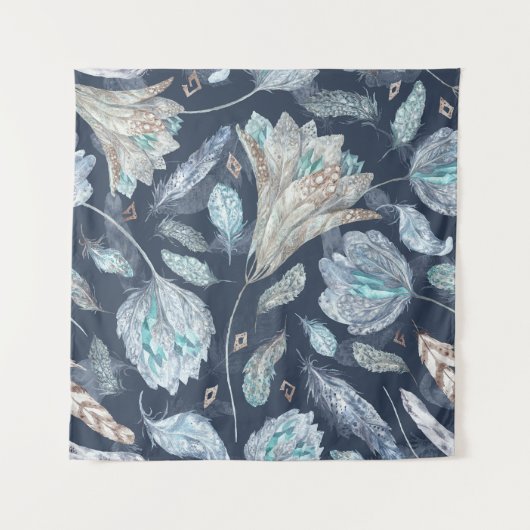 Boho Chic Feathers Flowers: Waterverf Donkerblauw Wandkleed (Voorkant)