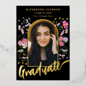 Boho Chic Floral Afstuderen Fotoboog Script Goud Folie Uitnodiging (Voorkant)
