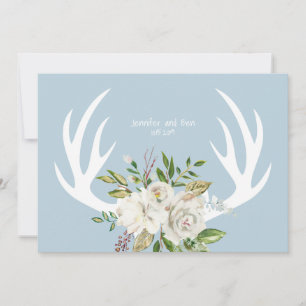 Boho Chic Floral Antlers Wedding Blue Bedankkaart