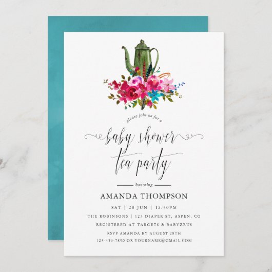 Boho Chic Floral Baby shower Tea Party Kaart (Voorkant / Achterkant)