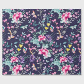 Boho Chic Floral & Butterflies Navy Wrapping Paper Cadeaupapier (Vlak)
