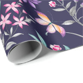 Boho Chic Floral & Butterflies Navy Wrapping Paper Cadeaupapier (Rol Hoek)