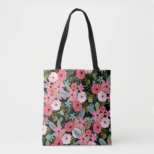 Boho chic floral canvas tas Black roze (Voorkant)