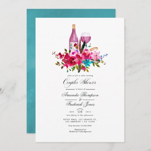 Boho Chic Floral Couples Shower Wine Tasting Invit Kaart (Voorkant / Achterkant)
