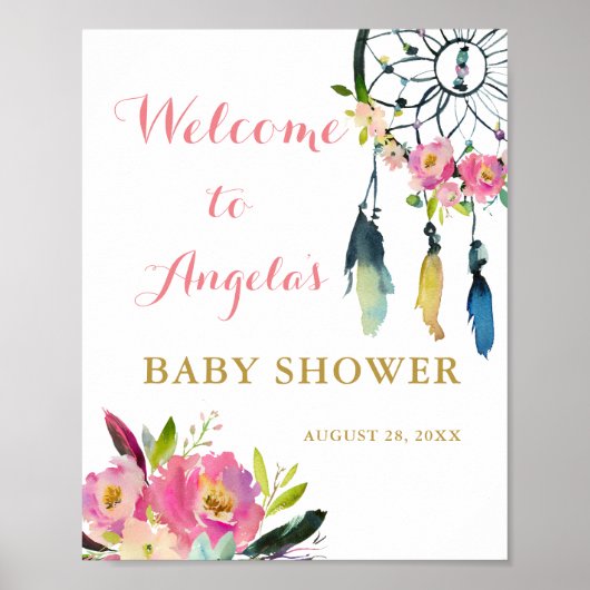 Boho Chic Floral Dream Catcher Baby shower Welkom Poster (Voorkant)